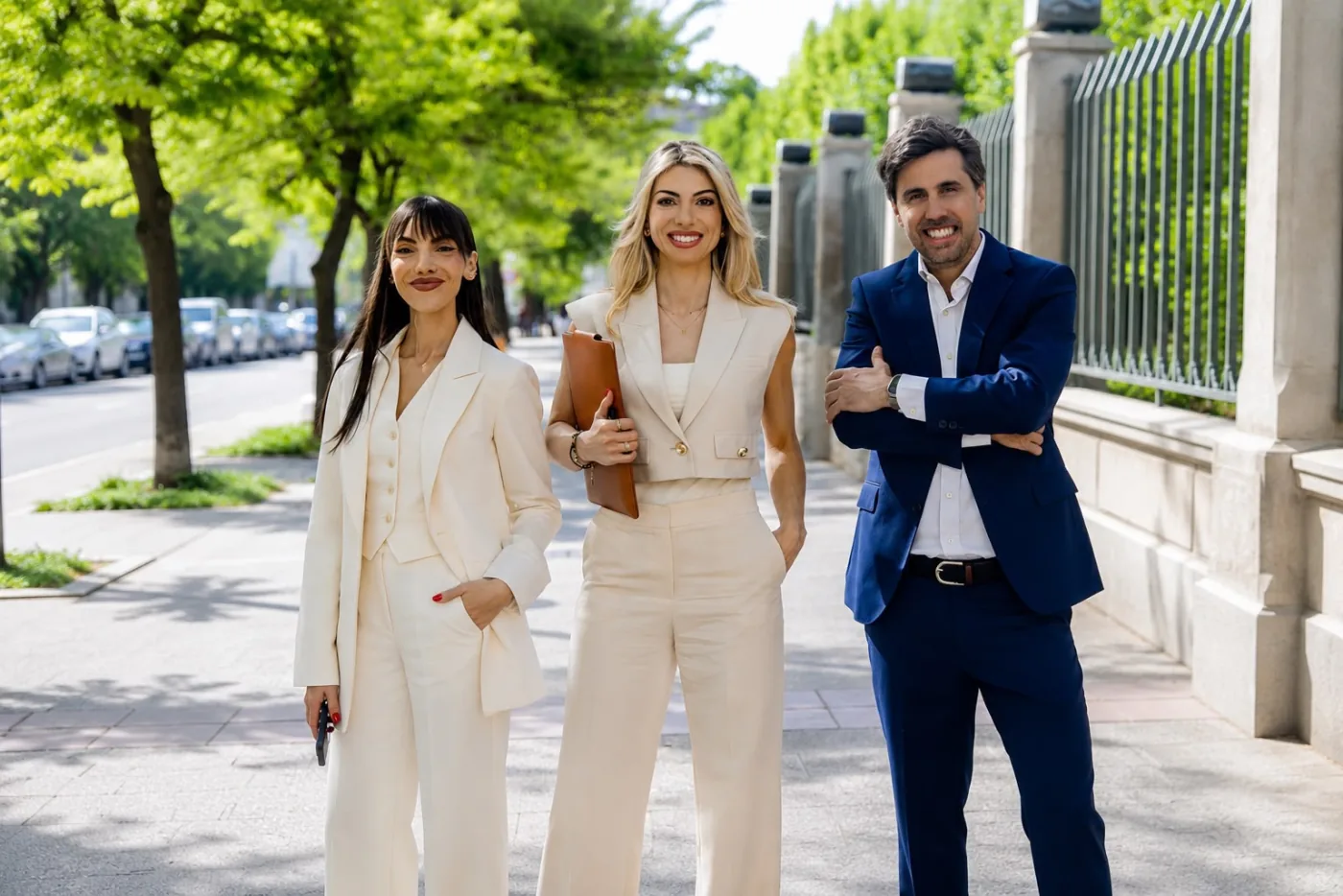 Lora Galeva con su equipo en una calle arbolada de Madrid